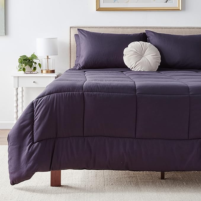 Sweet Home Collection 7 Piece Comforter Set Bag Solid Color All Season Soft Down Alternative Blanket & Luxurious Microfiber Bed Sheets, Purple, Queen