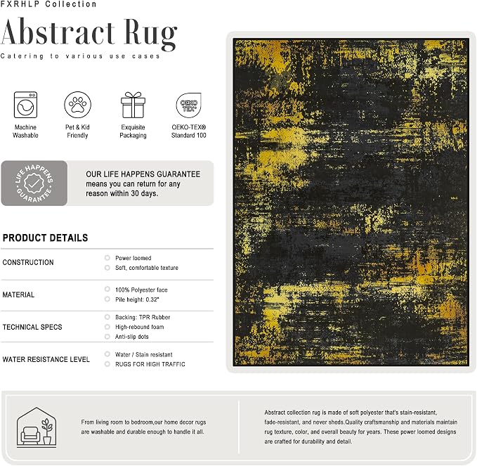 2.6x10 Washable Runner Rug:Modern Abstract Soft Carpet Black Gold | - Image 3
