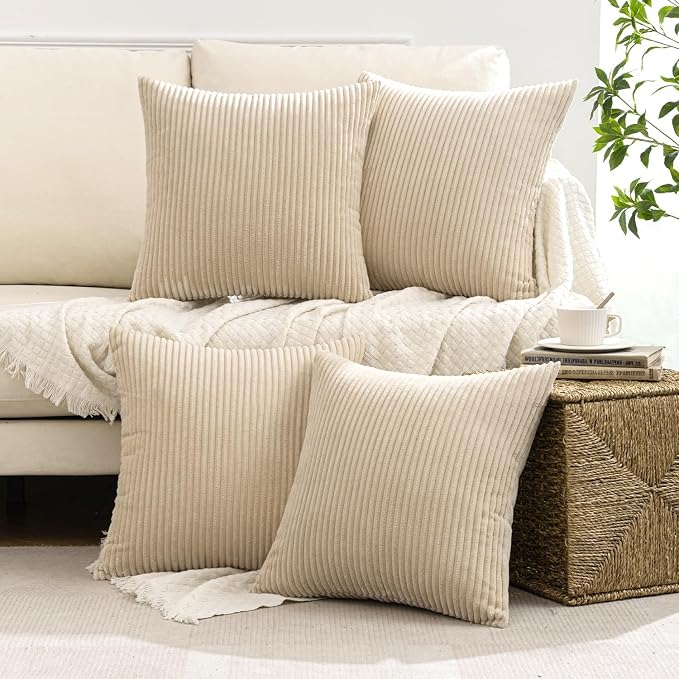 MIULEE Soft Corduroy Decorative Throw Pillow Covers Beige 20x20 | Set of 4 - Image 2
