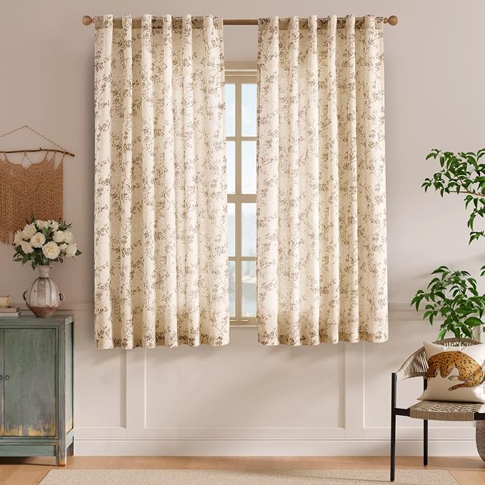 Taupe Vintage Floral Linen Curtains Farmhouse 50W X 63L 2 Panels | Elisa Series - Image 2
