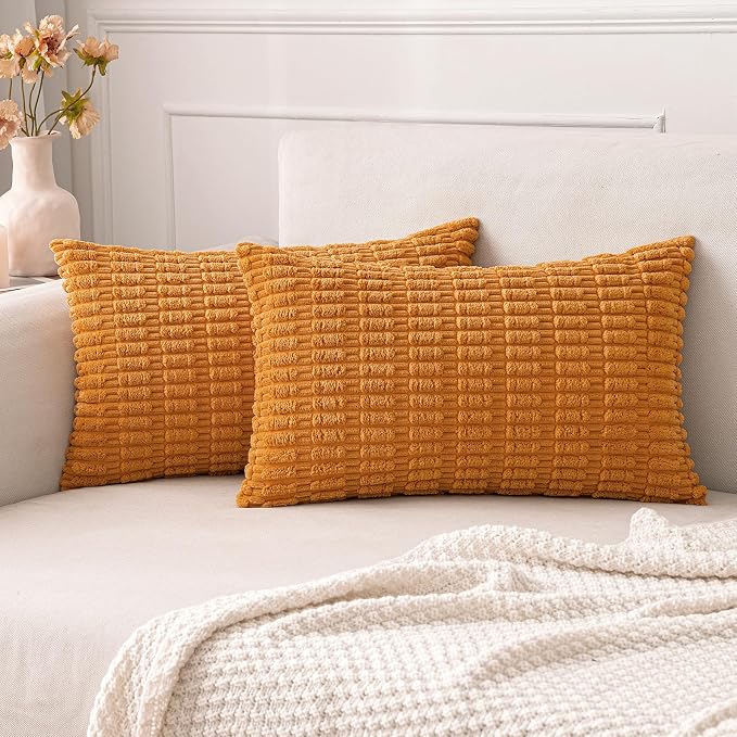 MIULEE Fall Corduroy Decorative Throw Pillow Covers 12x20 Burnt Orange | Lumbar by MIULEE