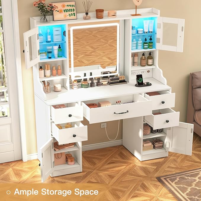 Quimoo Vanity Desk with Lighted Mirror & Power Outlet, 3 Color Modes & Adjustable Brightness, Makeup Vanity Table with 5 Drawers, 2 cabinets, 2 RGB cabinets, for Bedroom, White