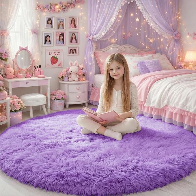 Amdrebio Purple Furry Big Round Kids Rug 6Ft by Amdrebio