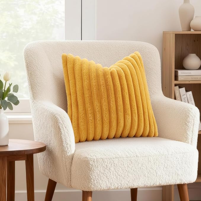 decorUhome Fall Faux Fur Throw Pillow Covers 20x20 Set of 2 Mustard Yellow | - Image 4
