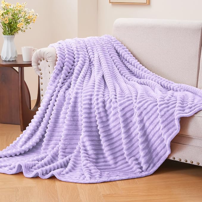 BEDELITE 3D Ribbed Pastel Lilac Fleece Throw Blanket - Image 2