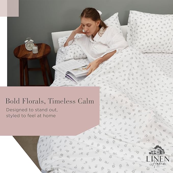 Linen Home 100% Cotton Printed Percale Sheets California King Size, Deep Pocket, 4 Pieces Set-1 Flat, 1 Deep Pocket Fitted Sheet and 2 Pillowcases, Crisp Cool Bed Linen, Mauve Silhouette Floral