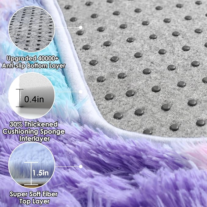 Checkered 6x9 Area Rugs for Living Room, Fluffy Purple Rainbow Girls Rug | Soft - Image 3
