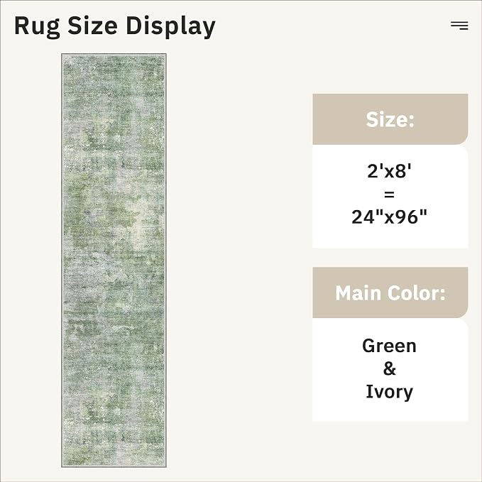 Soalmost Abstract Runner Rug 2x8 Hallway Kitchen Runners Green/Ivory | Vintage - Image 5