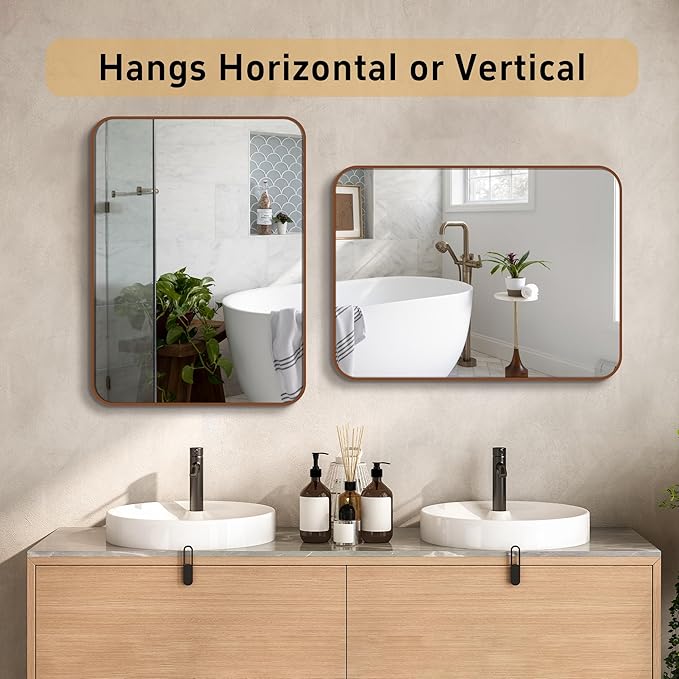 24"x36" Brushed Bronze Metal Framed Rounded Rectangle Mirror, Brown Wall Mounted Mirrors for Bathroom Entryway Vanity Living Room Bedroom, Vertical or Horizontal