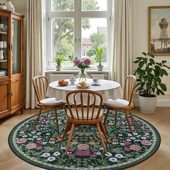 PLHXFR Round Area Rug Living Room: 6 ft Floral Washable Carpet Dark Green | - Image 4