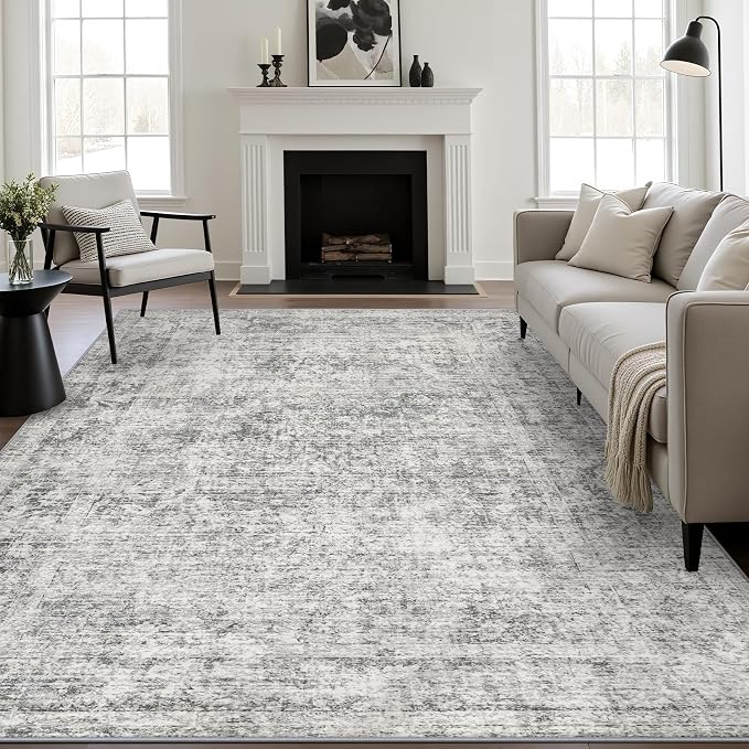 10x12 Area Rug Living Room: Modern Washable Soft Carpet Black Grey | by FXRHLP
