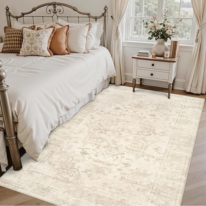 3x5 Area Rugs Living Room: Bedroom Washable Carpet Beige/Brown | Large Vintage - Image 2