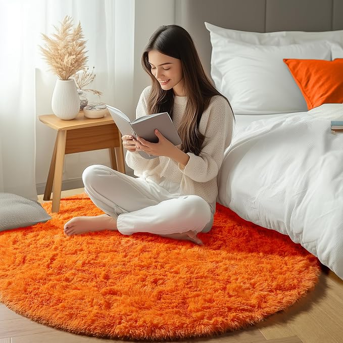 Orange Round Rugs 5ft for Bedroom Living Room, Fluffy Circle Area Rug for Kids - Image 6