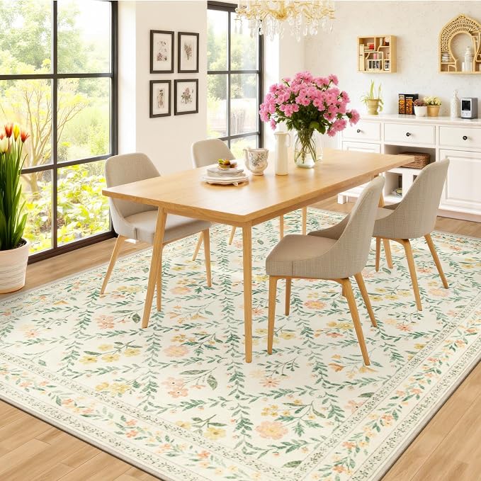 PLHXFR Area Rug 10x12 Living Room: Floral Washable Boho Carpet Beige Multi | - Image 4
