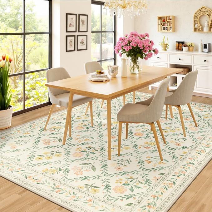 PLHXFR Area Rug 10x14 Living Room: Floral Washable Boho Carpet Beige Multi | - Image 4