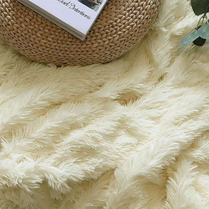 Tuddrom Decorative Extra Soft Faux Fur Blanket Twin Size 70" x 78",Solid Reversible Fuzzy Long Hair Shaggy Fluffy Cozy Plush Fleece Comfy Microfiber Blanket for Couch Sofa Bed,Light Yellow
