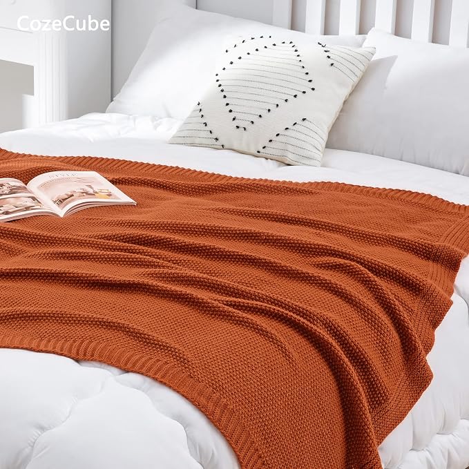 CozeCube Burnt Orange Seed Stitch Throw Blanket 50"x60", Farmhouse Decor | - Image 5