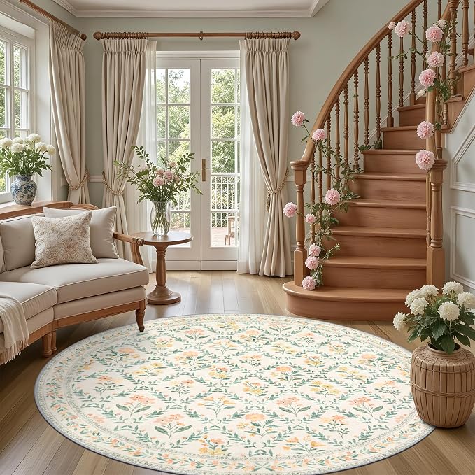 PLHXFR Round Area Rug Living Room: 6 ft Floral Washable Carpet Beige Multi | - Image 2