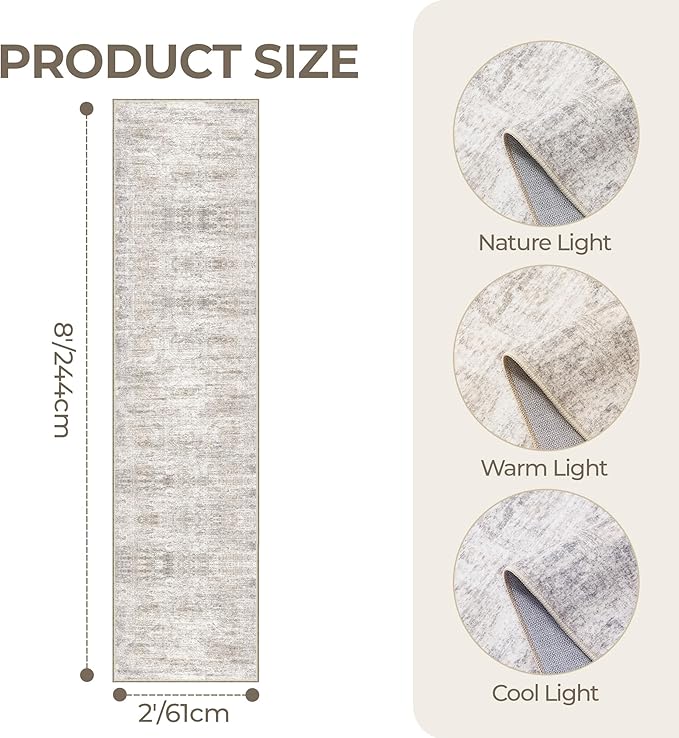 2x8 Runner Rug Non Slip, Washable Hallway Runner Rug, Taupe | Neutral Rugs - Image 2