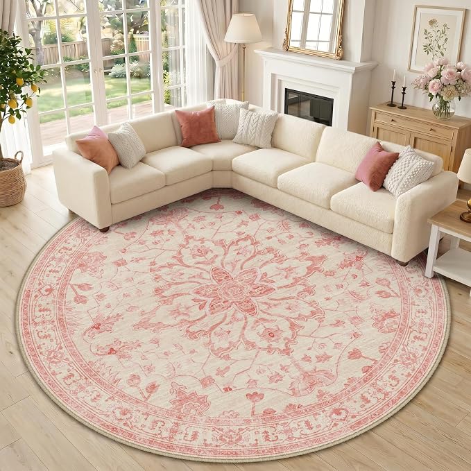 RELEANY Washable Area Rug, Round 10ft, Water Repellent, Pet Friendly, Vintage by RELEANY