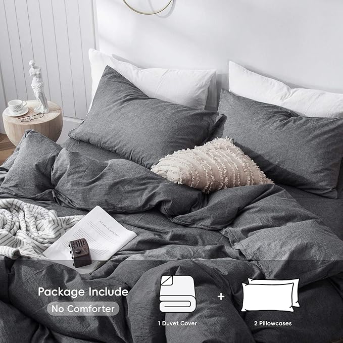 MooMee Bedding Duvet Cover Set 100% Washed Cotton Linen Like Textured Breathable Durable Soft Comfy (Heathered Dark Grey, Queen 90"x90")