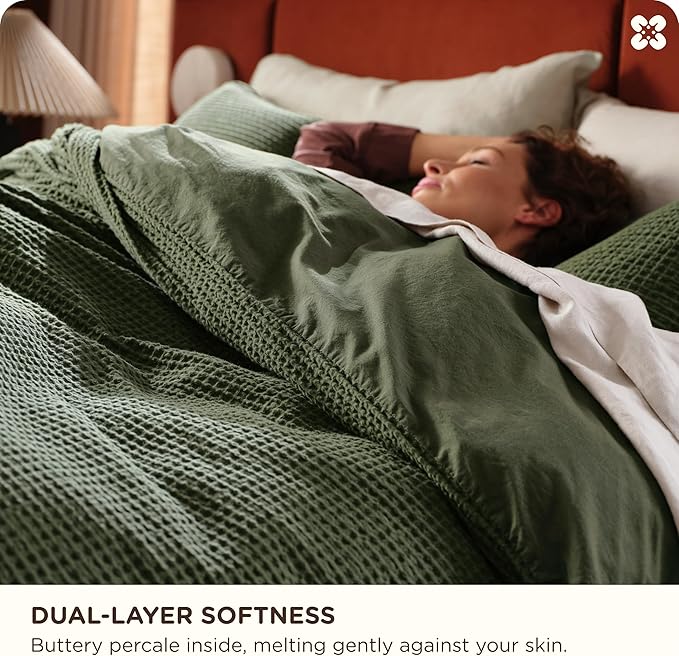 Bedsure Cotton Duvet Cover Set - 100% Cotton Waffle Weave Olive Green Duvet Cover Oversized King Size, GentleSoft™ and Breathable Bedding Set for All Season, 3 Pieces, 120"x98"
