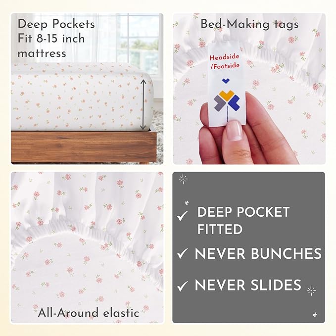 California Design Den Deep Pocket Twin Sheets Set - 400 Thread Count Sateen, Natural 100% Cotton Sheets, Cooling and Durable Bedding Set - Soft Floral