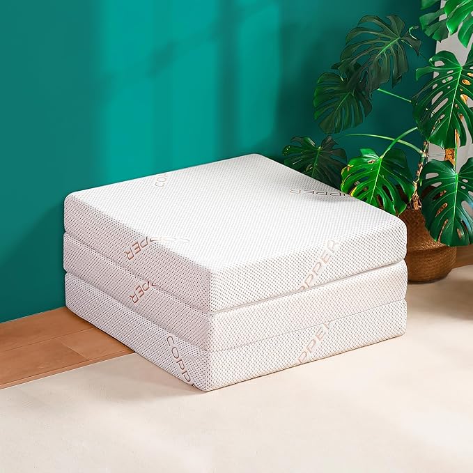 Olee Sleep Tri-Folding Antibacterial Memory Foam Mattress Topper, 4 Inch Copper Bamboo Gel Folding Mattress, Washable Cover, CertiPUR-US Certified, Soft, White, Single Size