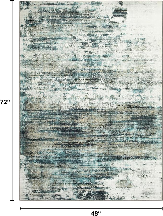 4x6 Area Rugs for Living Room: Washable Abstract Teal Green Badroom Carpet | - Image 2