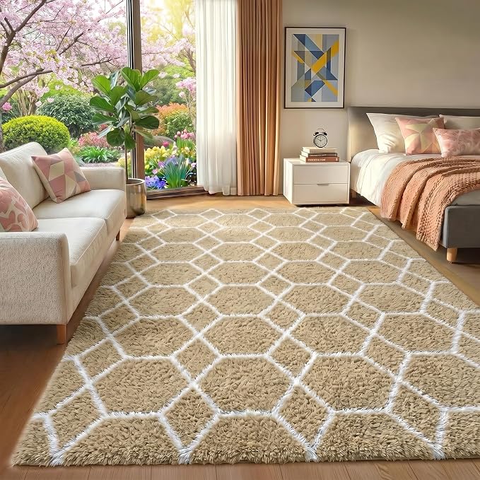 Area Rugs for Bedroom Living Room, 4x6 Fluffy Beige and White Geometric Rug | by ONASAR