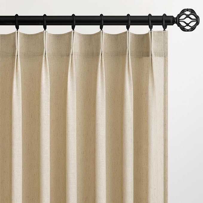 132 Inch Pinch Pleated Linen Curtains 2 Panels, Natural Beige Semi Sheer by Topfinel