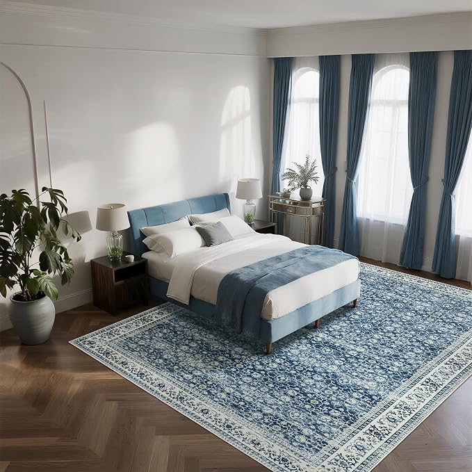 8x10 Boho Washable Area Rugs for Living Room, Dining Room-White Blue | Retro - Image 6