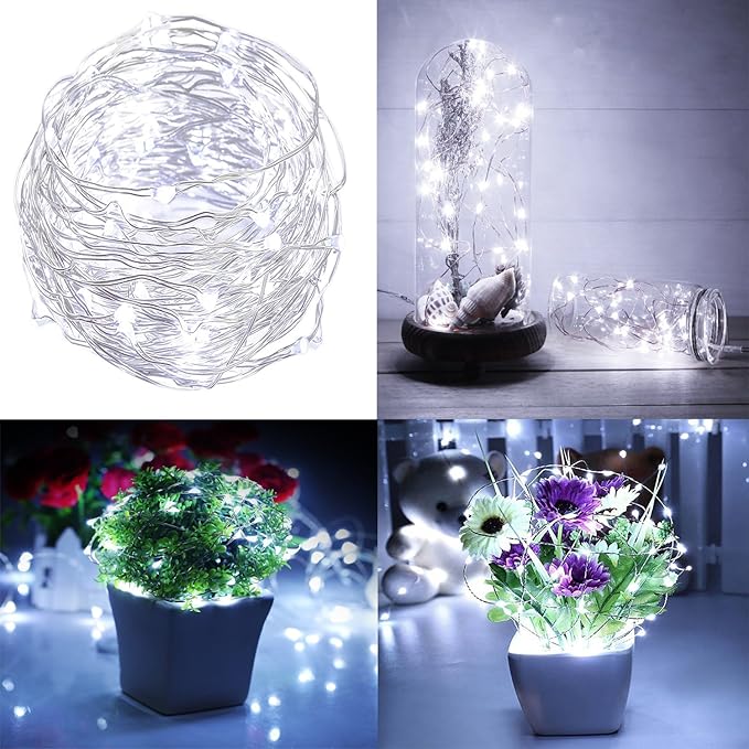 2 x Fairy Lights Battery Operated,Silver Wire Chains 8 Mode 16Ft/5Meter 50 LEDs Timer String Lights with Remote Control for Bedroom Christmas Party Wedding Decoration (Cool White)