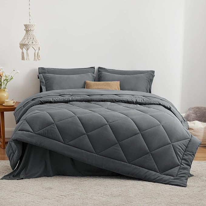 Love's cabin Full Comforter Set Dark Grey, 7 Pieces Full Bed in a Bag, All Season Bedding Sets with 1 Comforter, 1 Flat Sheet, 1 Fitted Sheet, 2 Pillowcase and 2 Pillow Sham