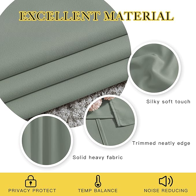 NICETOWN 66 inch Sage Green Curtains for Bedroom, Blackout Curtains Thermal Window Treatment Energy Saving Solid Grommet Sound Reducing Drapes for Living Room, 2 Panels, W66 x L66