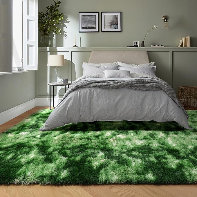 Fluffy Moss Green Rugs for Living Room 5x8, Modern Bedside Forest Carpets | - Image 5
