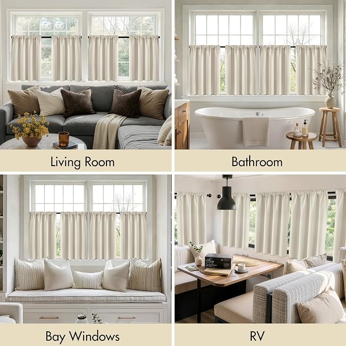 MIULEE Set of 4 Cream Beige 45 Inch Short Blackout Kitchen Window Curtains | - Image 6