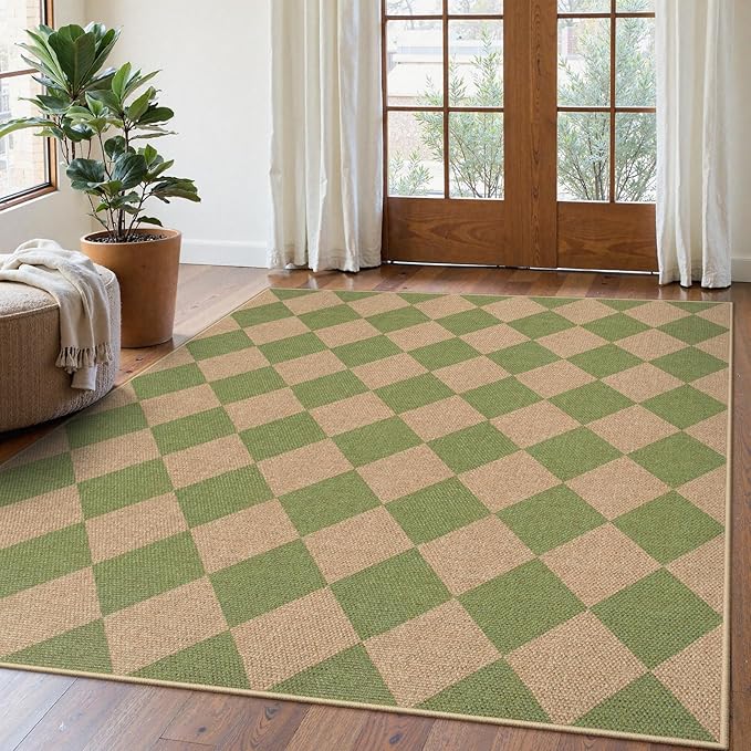 Lahome Checkered Easy Jute 5x7 Area Rug, Outdoor Patio Rugs Washable Green | by Lahome