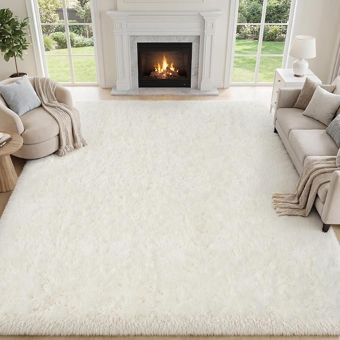 PLHXFR 9x12 Area Rugs Living Room: Fluffy Bedroom Rug Shag Carpet White | - Image 3