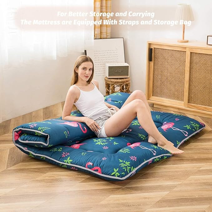 MAXYOYO Flamingo Japanese Floor Mattress Futon Mattress Queen Size, Boys Girls Foldable Bed Camping Mattress Floor Lounger Floor Bed Mattress for Adults