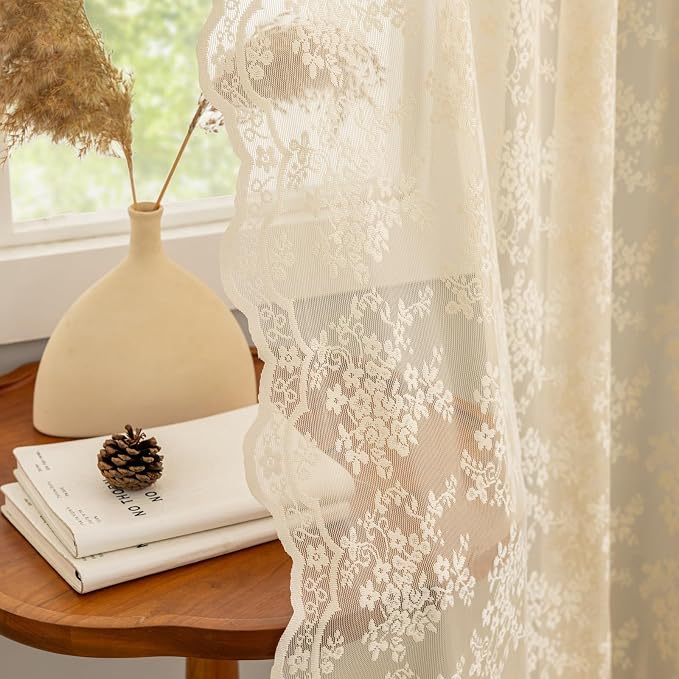 YJ YANJUN Vintage Lace Curtains 72 Inches Long-Victorian Flower Beige Voile - Image 5