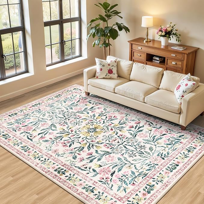 PLHXFR 6x9 Area Rug Living Room: Floral Washable Boho Carpet Pink Green | by PLHXFRSoftAreaRugs
