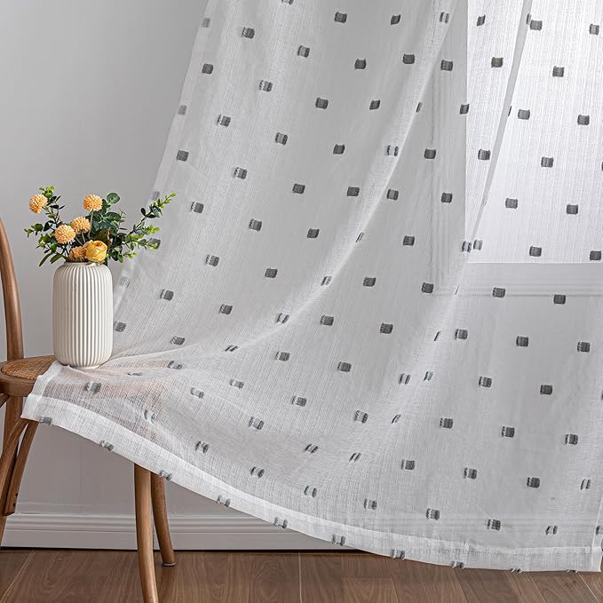 MYSKY HOME White Curtains for Bedroom 84 Inch Length Long Sheer Curtains for Living Room Nursery Curtains with Grey Patched Design Rod Pocket Privacy Window Drapes Dining Room 52" x 84" 2 Panels