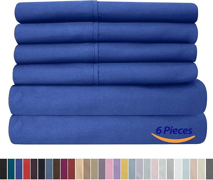 Sweet Home Collection 6 Piece 1500 Supreme Collection Brushed Microfiber Deep Pocket Sheet Set-2 Extra Pillow Cases, Great Value, Split King, Royal Blue