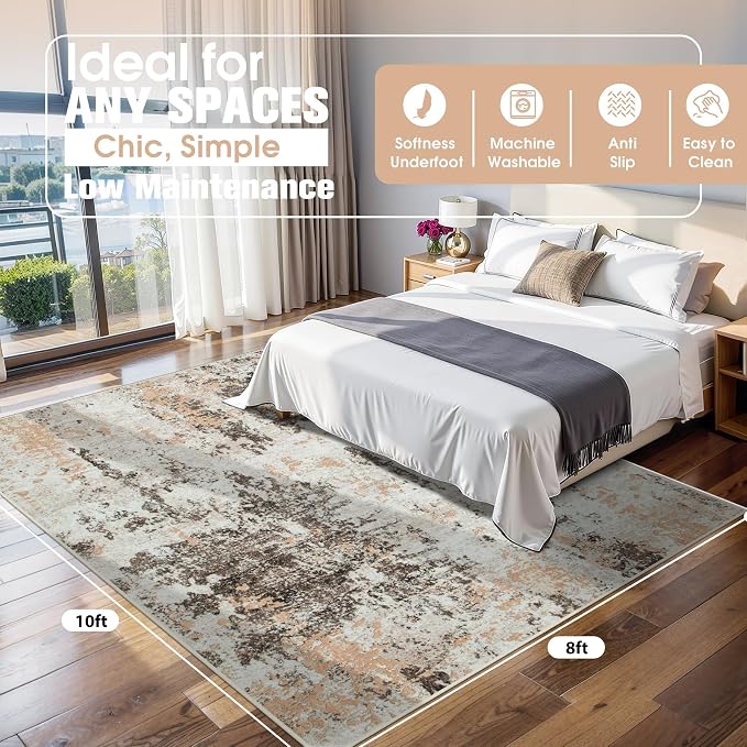 8x10 Area Rugs for Living Room Washable Bedroom Dining Room Brown Beige | - Image 2