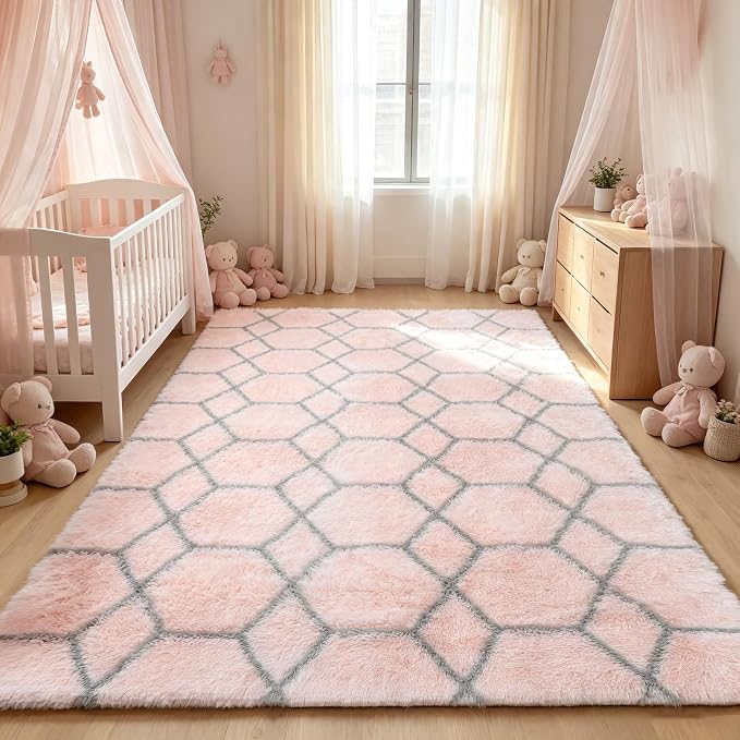 7x9 Area Rugs for Living Room Bedroom, Fluffy Pink and Grey Geometric Rug | - Image 8