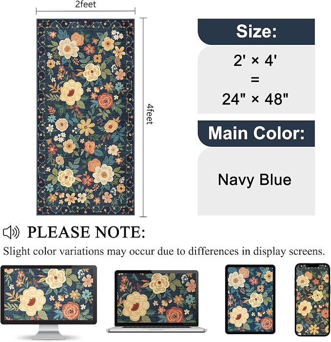 DUKINO 2x4 Entryway Rug, Floral Washable Kitchen Rugs Non Slip, Soft Indoor - Image 2