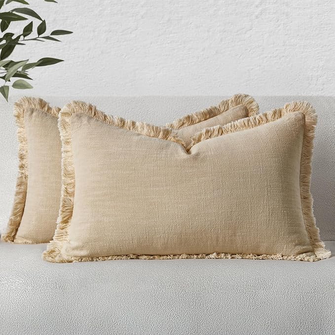 MIULEE Boho Linen Fringe Decorative Lumbar Throw Pillow Covers Beige 12x20 | by MIULEE