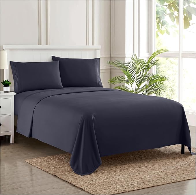 Split King Sheets - Breathable Luxury Sheets with Full Elastic & Secure Corner Straps Built In - 1800 Supreme Collection Extra Soft Deep Pocket Bedding Set, Sheet Set, Split King Size, Navy