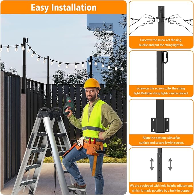 6 Pack 2.8Ft Suspension Outdoor String Light Poles for Outside String Lights Hanging,with Clip and Holder,Light Post Mounting Stand for Patio Fence Wall Garden Backyard Deck